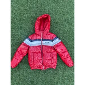 Levi’s Puffer Jacket Red Retro Stripe Hooded Coat (Vintage) Kids Size 8-10Y